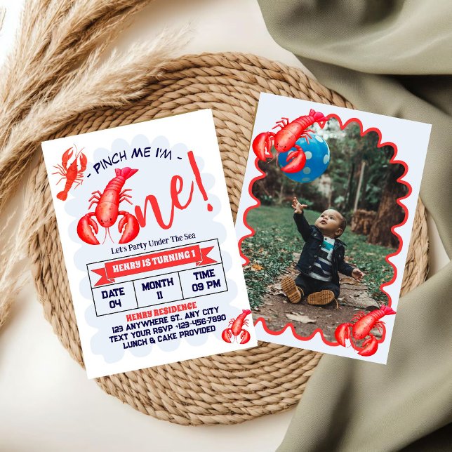 Pinch Me, I'm One Lobster Boy 1st Birthday Party Invitation (Creator Uploaded)