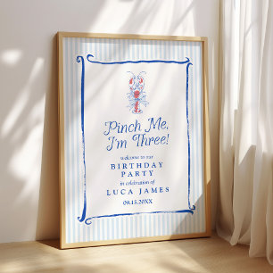 Pinch Me I'm Three Retro Lobster Blue 3rd Birthday Poster