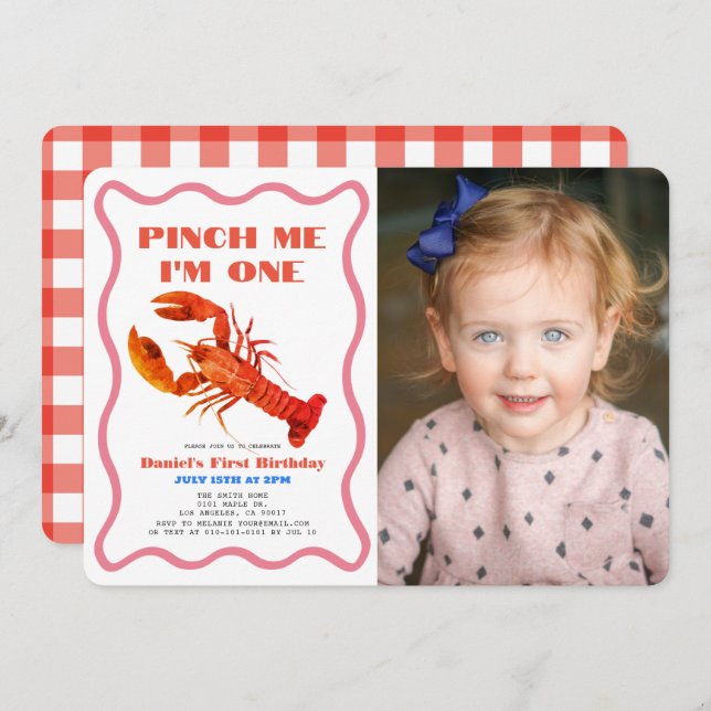 Pinch Me Retro Crawfish Photo 1st Birthday Invitation (Front/Back)