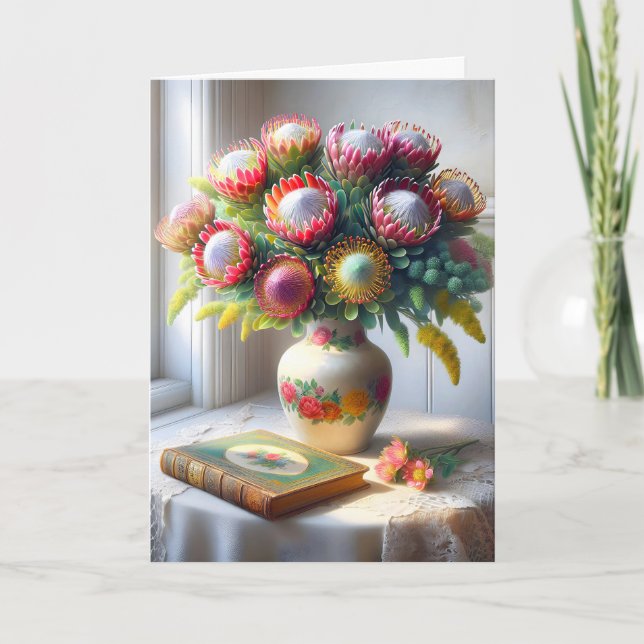 Pincushion Protea Bouquet With Old Book Card (Front)
