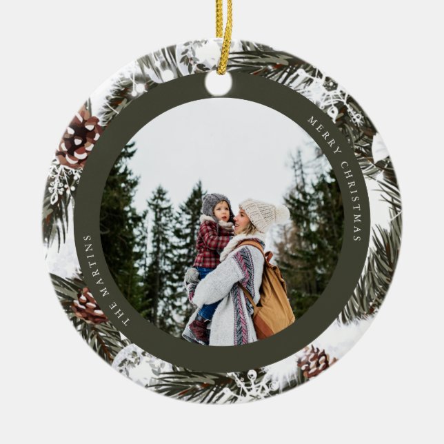 Pine and Baubles Photo Ceramic Tree Decoration (Front)