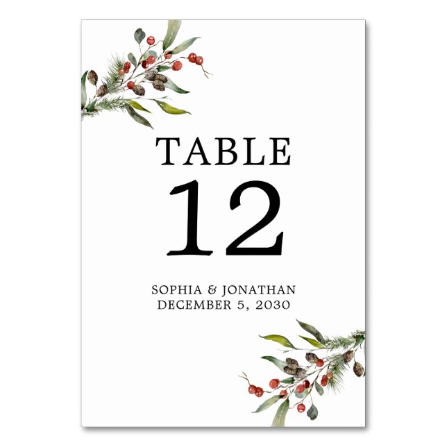 Pine and Berries Winter Wedding Personalised Table Number (Front)