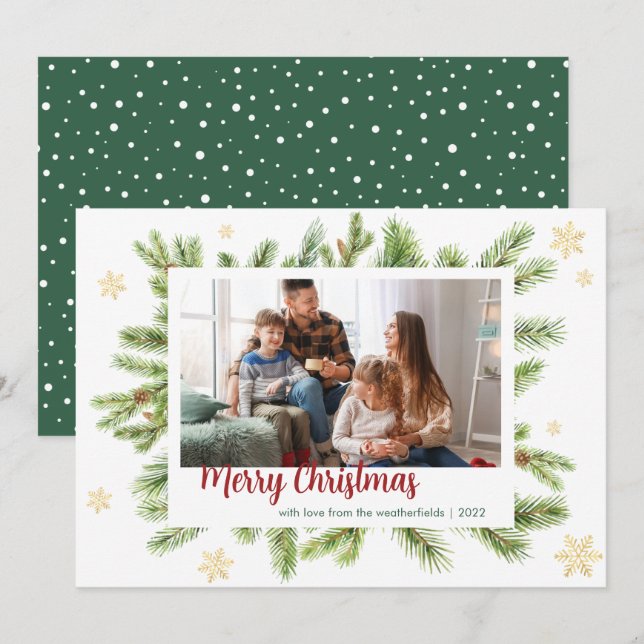 Pine and Family Photo Christmas Botanical Script Holiday Card (Front/Back)
