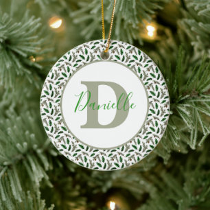 Pine and holly personalised ceramic tree decoration