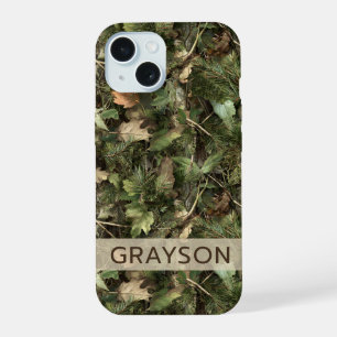 Pine and Leaves Camouflage Personalised iPhone 15 Case