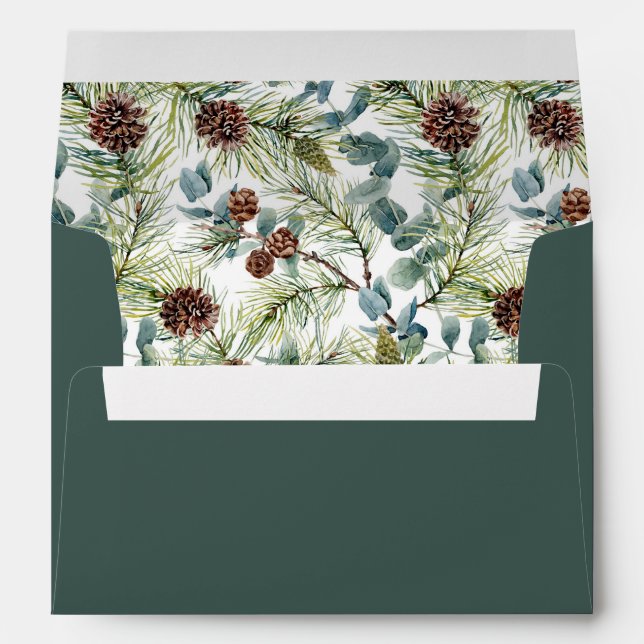 Pine and Pine Cones Pattern Dark Green Holiday Envelope (Back (Bottom))