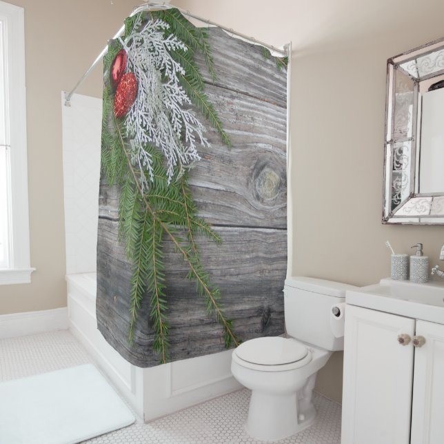 Pine And Weathered Wood Christmas Shower Curtain (In Situ)