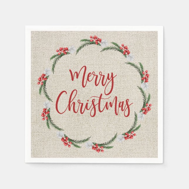 Pine Berries Flowers Merry Christmas Paper Napkin (Front)