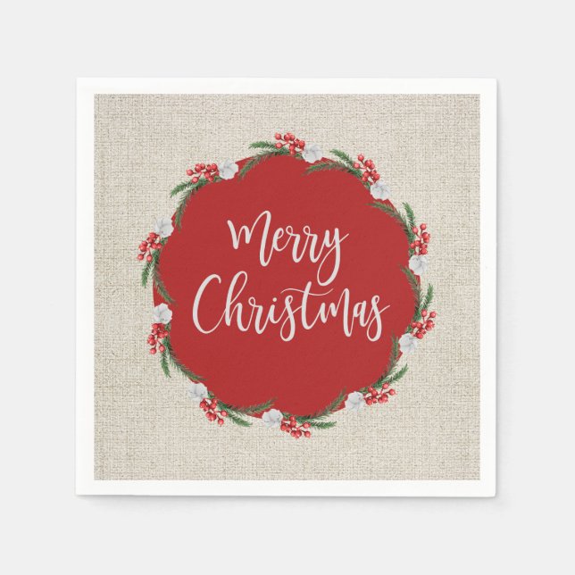 Pine Berries Flowers Merry Christmas Paper Napkin (Front)