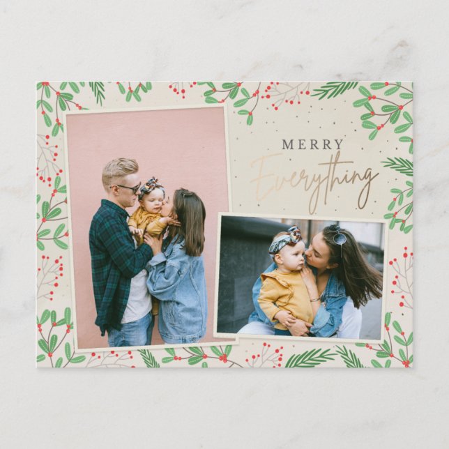 Pine Berries Merry Everything Multiple Photo Holiday Postcard (Front)