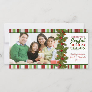 Pine Berries Stripes Christmas Family Photo Card