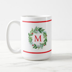 Pine Berries Watercolor Wreath Monogram Christmas Coffee Mug