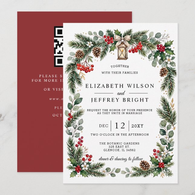 Pine Berries Winter Christmas QR Code Wedding  Invitation (Front/Back)