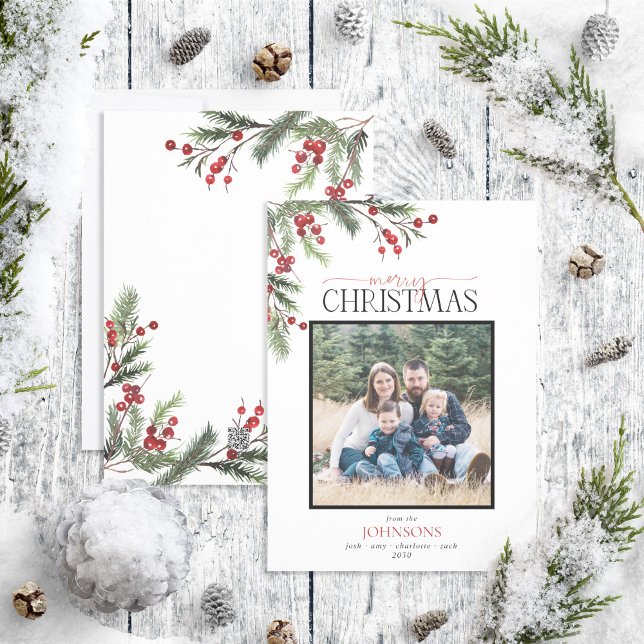 Pine Berry Merry Christmas Script Photo Holiday Ca Card (Creator Uploaded)