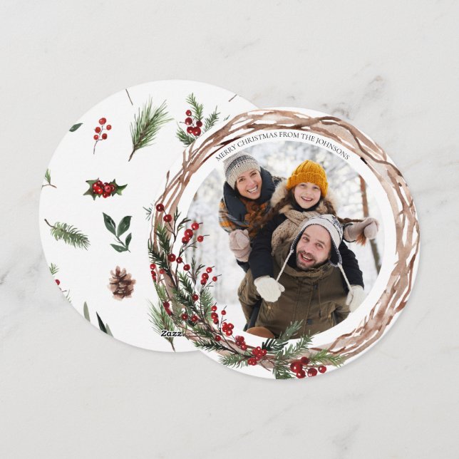 Pine Berry Natural Botanicals Round Photo Holiday  (Front/Back)