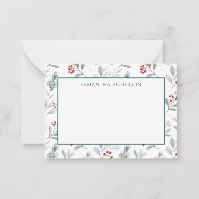 Pine Berry Personalised Christmas Flat Note Card (Front)