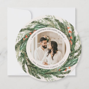 Pine & Berry Watercolor Photo Round Christmas Card