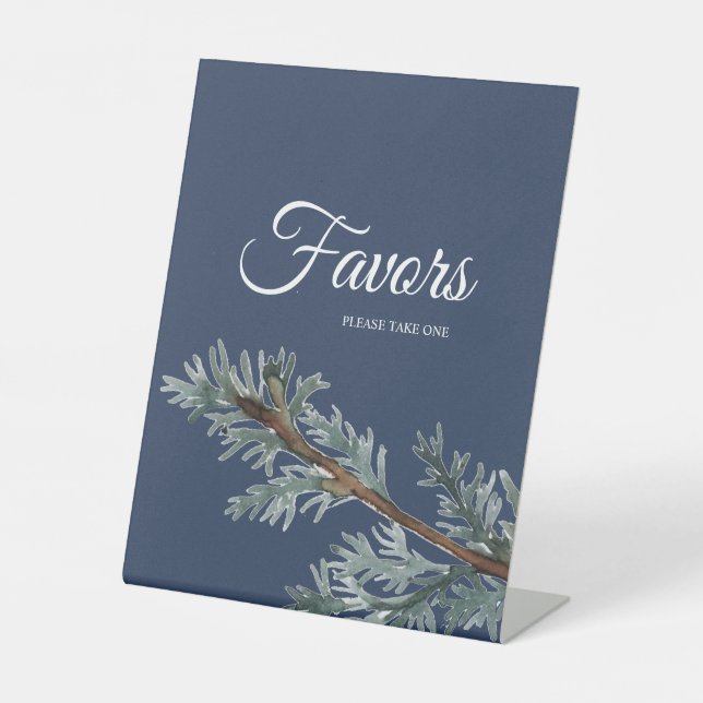Pine Blue Winter Wedding Favours Pedestal Sign (Front)