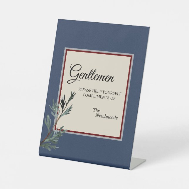 Pine Blue Winter Wedding Gentlemen Bathroom Pedestal Sign (Front)