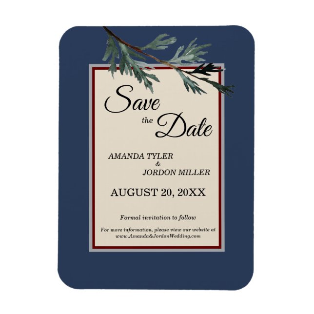 Pine Blue Winter Wedding Save the Date Magnet (Vertical)