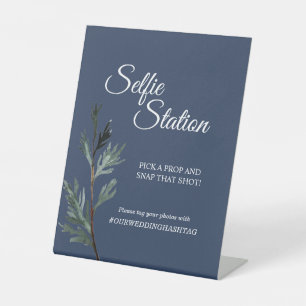 Pine Blue Winter Wedding Selfie Station Pedestal Sign