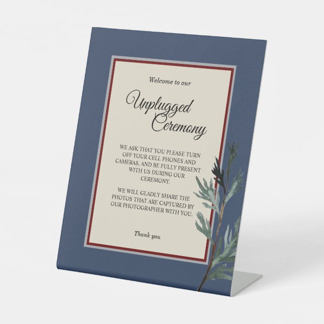 Pine Blue Winter Wedding Unplugged Ceremony Pedestal Sign (Front)