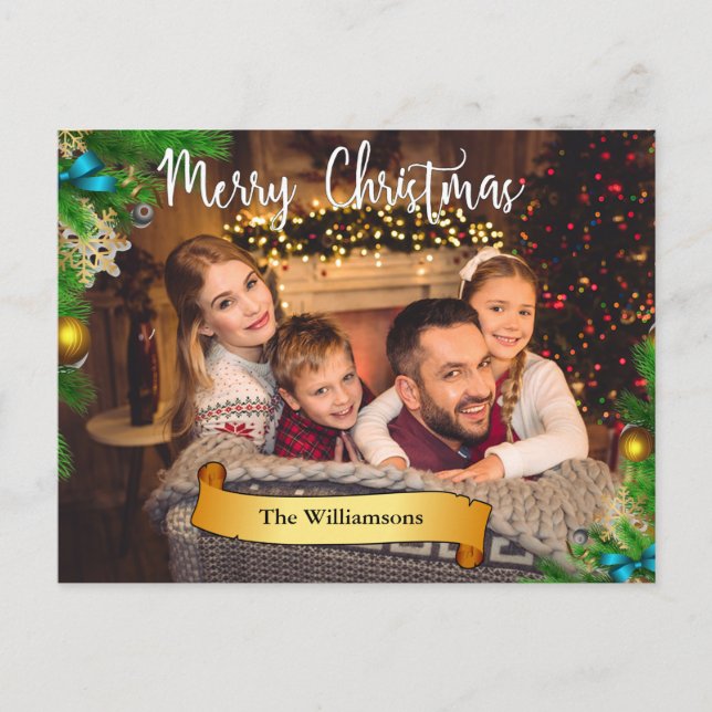 Pine Bough Frame White Merry Christmas Photo Holiday Postcard (Front)