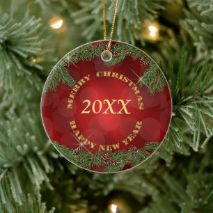 Pine Bough Gold Text Red Christmas Ceramic Tree Decoration