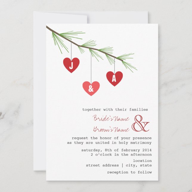 Pine Bough & Hearts Wedding Invitation (Front)