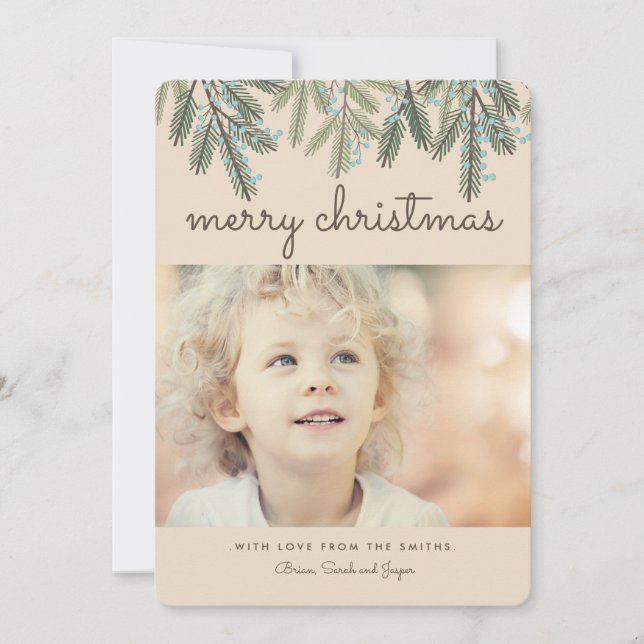 Pine Bough Merry Christmas Holiday Photo Card (Front)