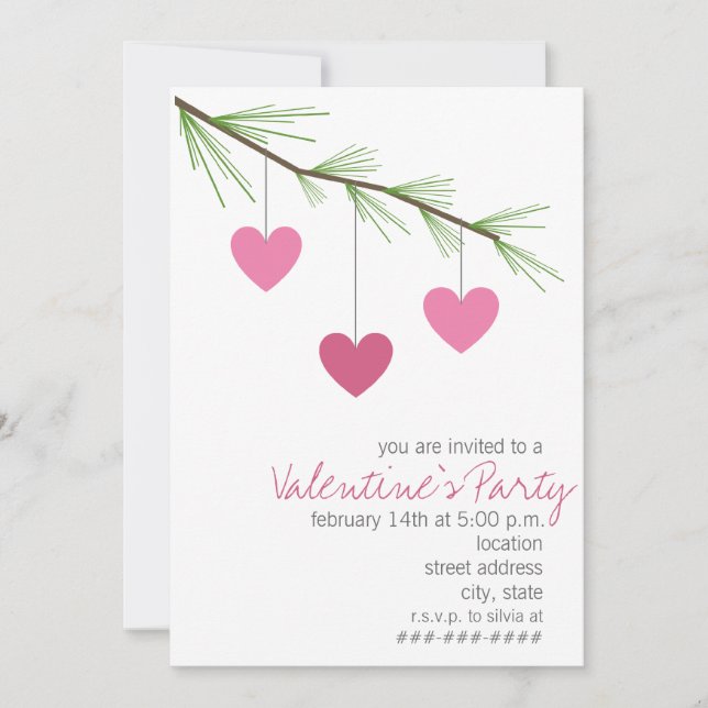 Pine Bough & Pink Hearts Valentine's Party Invite (Front)
