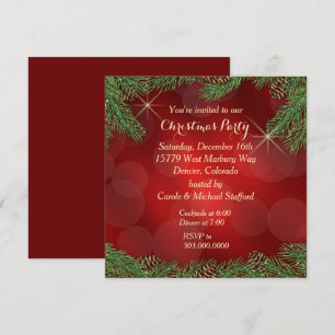 Pine Bough Red Gold Christmas Party Invitation