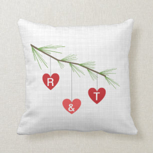 Pine Bough & Red Hearts Monogram Valentine Pillow