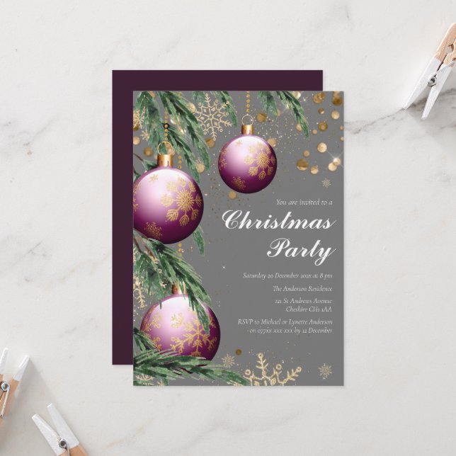 Pine Boughs & Baubles Christmas Party Invitation (Front/Back In Situ)