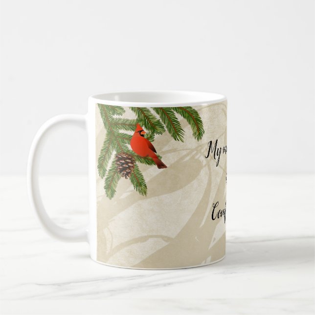 Pine Boughs Comfort and Joy Cardinal Coffee Mug (Left)