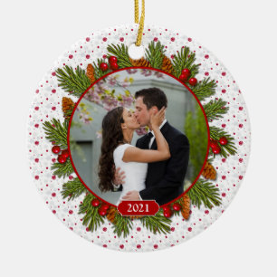 Pine Boughs Holly 1st Christmas Together Photo Ceramic Tree Decoration