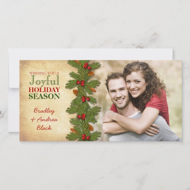 Pine Boughs Holly Berries Christmas Xmas Photocard Holiday Card (Front)