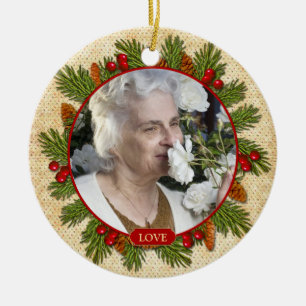 Pine Boughs Holly Berries Memorial Photo Christmas Ceramic Tree Decoration