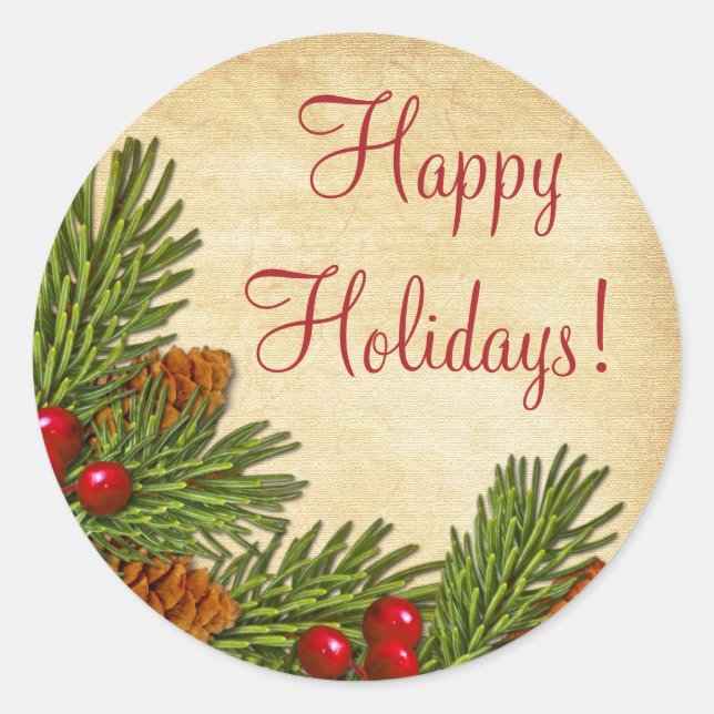 Pine Boughs Holly Berries Xmas Christmas Classic Round Sticker (Front)