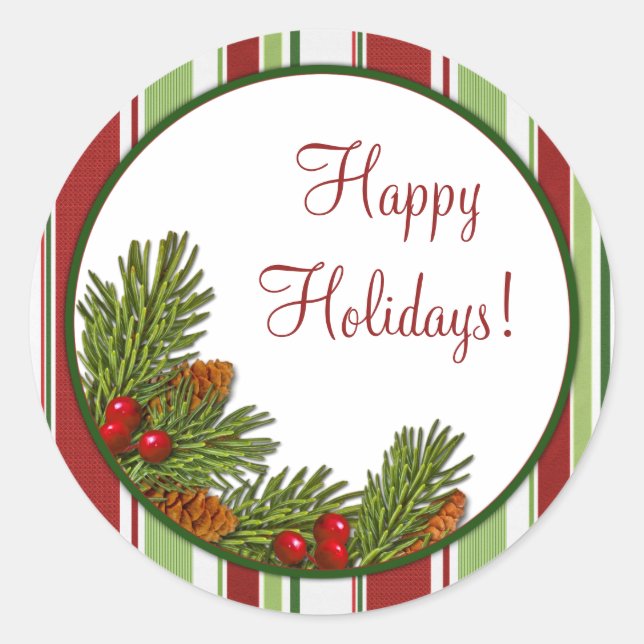 Pine Boughs Holly Stripes Christmas Xmas Stickers (Front)