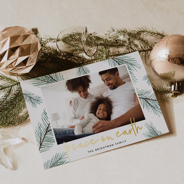 Pine Boughs | Peace on Earth Photo Foil Holiday Card (Creator Uploaded)