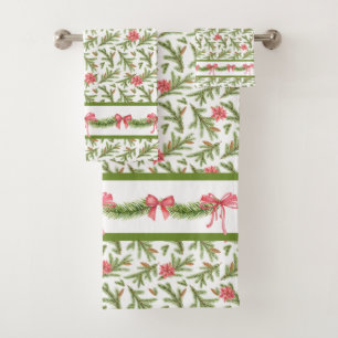 Pine Boughs, Pinecones And Poinsettias Bath Towel