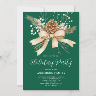 Pine Bow Green Christmas Holiday Party Invitation