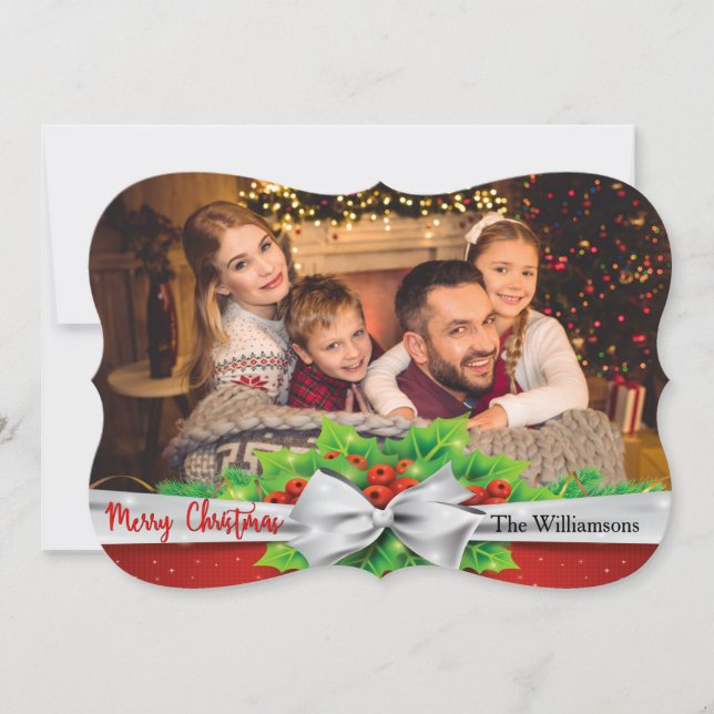 Pine Bow With Holly Photo Fancy Cut Christmas Holiday Card (Front)