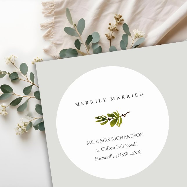 Pine Branch Christmas Address Merrily Married Classic Round Sticker (Creator Uploaded)