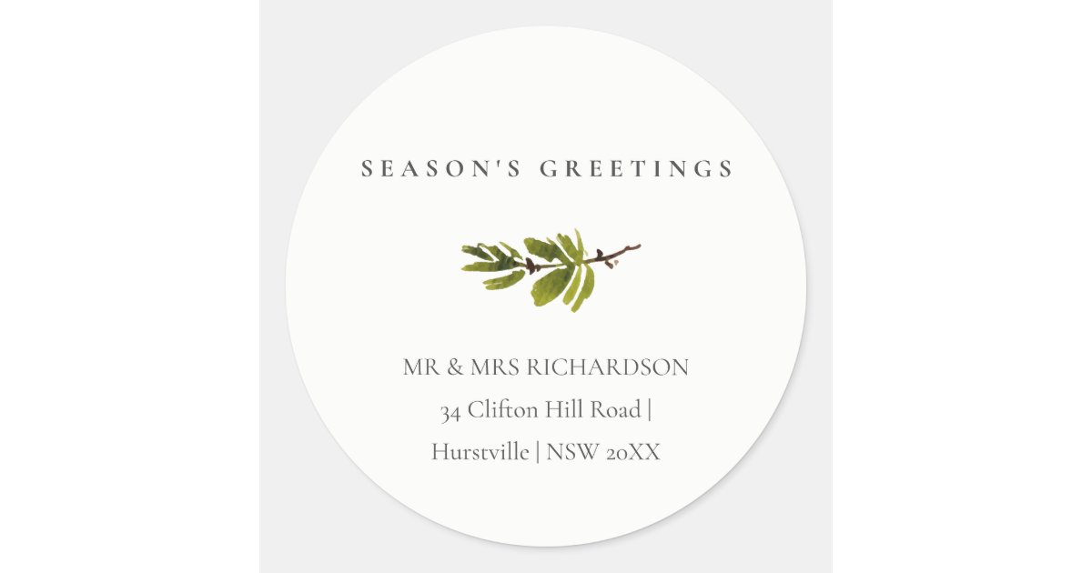 Pine Branch Christmas Address Season's Greetings Classic Round Sticker ...
