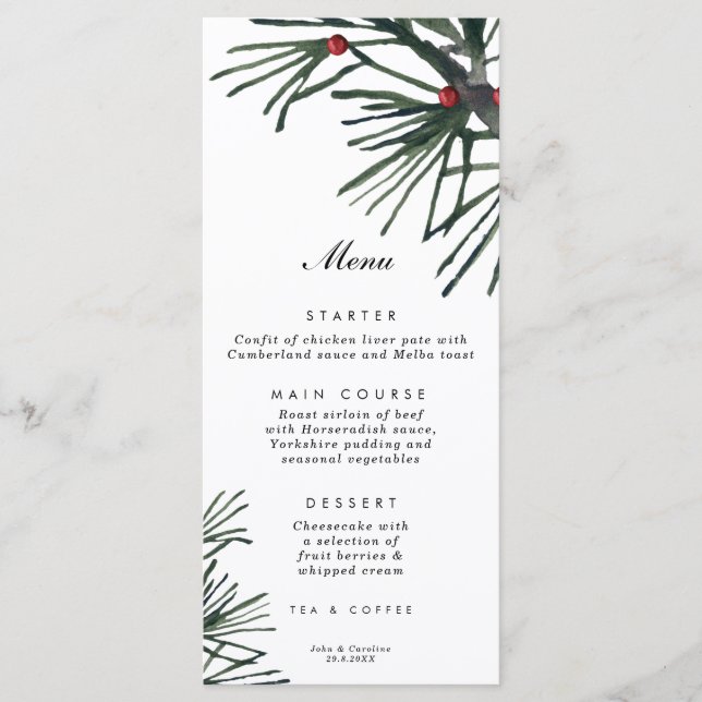 pine branch christmas holiday wedding menu cards (Front)