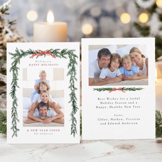 Pine Branch Frame 2 Photo Christmas Holiday Card (Front & Back)