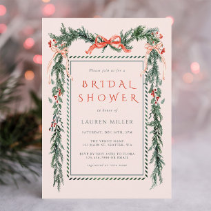 Pine Branch Frame Christmas Bridal Shower Pink Invitation