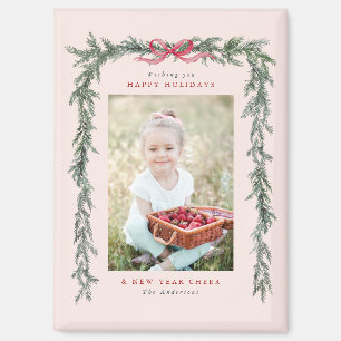 Pine Branch Frame Photo Blush Pink Christmas Magnet